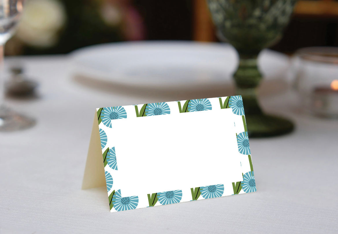 Blue Doodle Flowers Place Cards