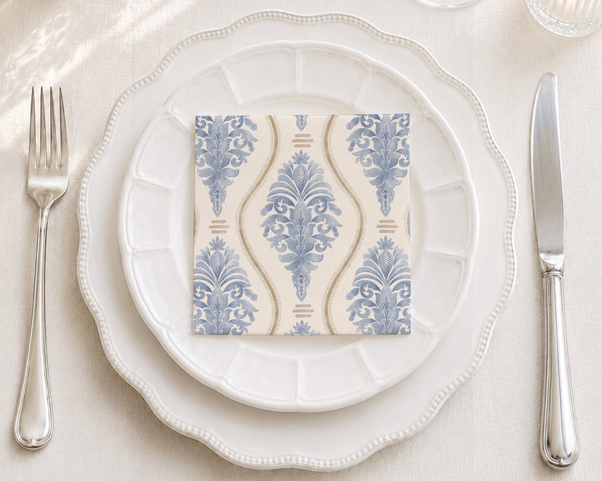 Blue Watercolor Damask Cocktail Napkin