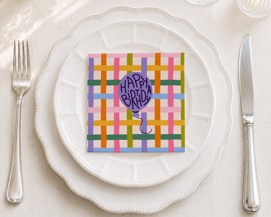 Birthday Balloon Plaid Cocktail Napkin