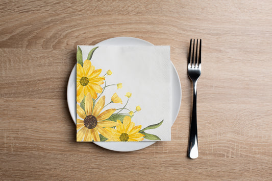 Yellow Watercolor Corner Flowers Cocktail Napkin