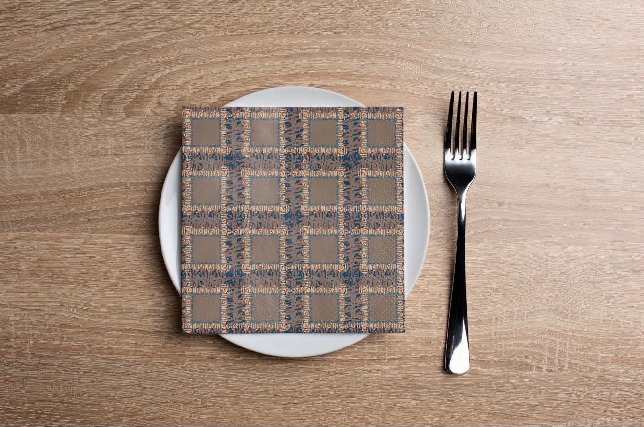 Fringe Plaid Taupe Cocktail Napkin