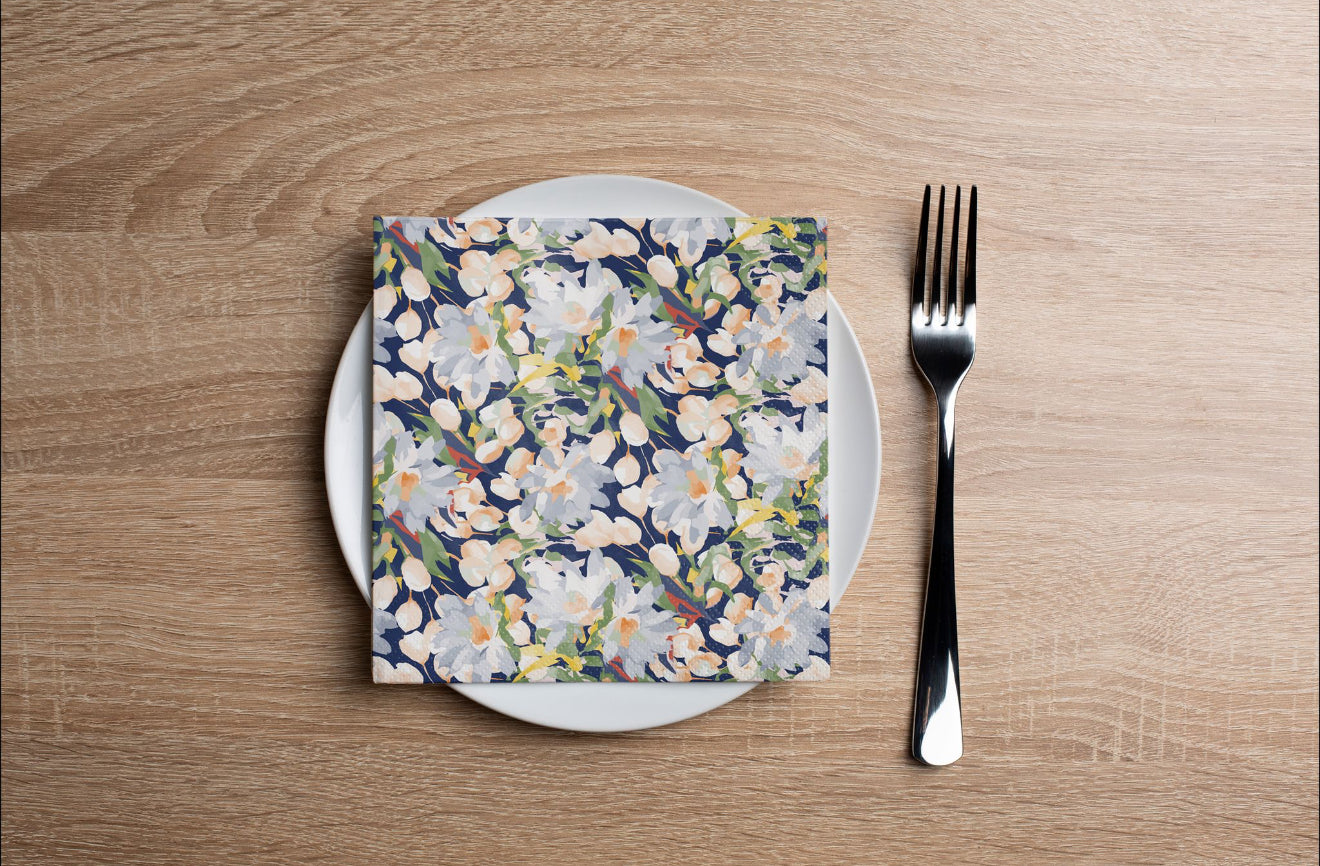 Painted Flowers Navy Cocktail Napkin