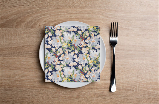 Painted Flowers Navy Cocktail Napkin