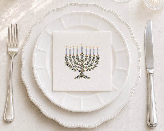 Laurel Menorah Blue Cocktail Napkin