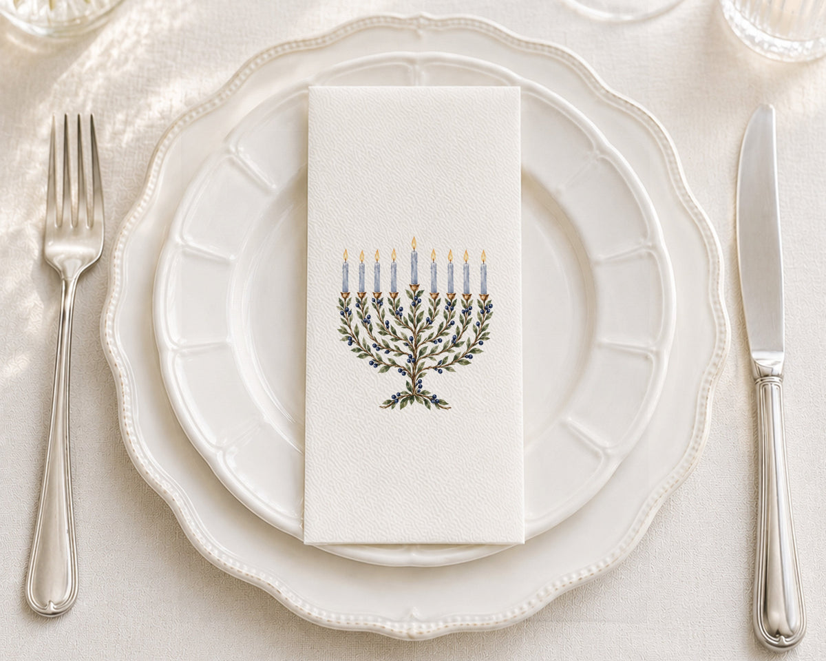 Laurel Menorah Blue - Printed Guest Towel