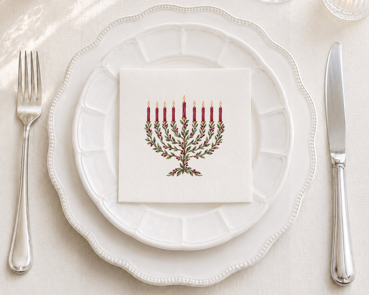 Laurel Menorah Burgundy Cocktail Napkin
