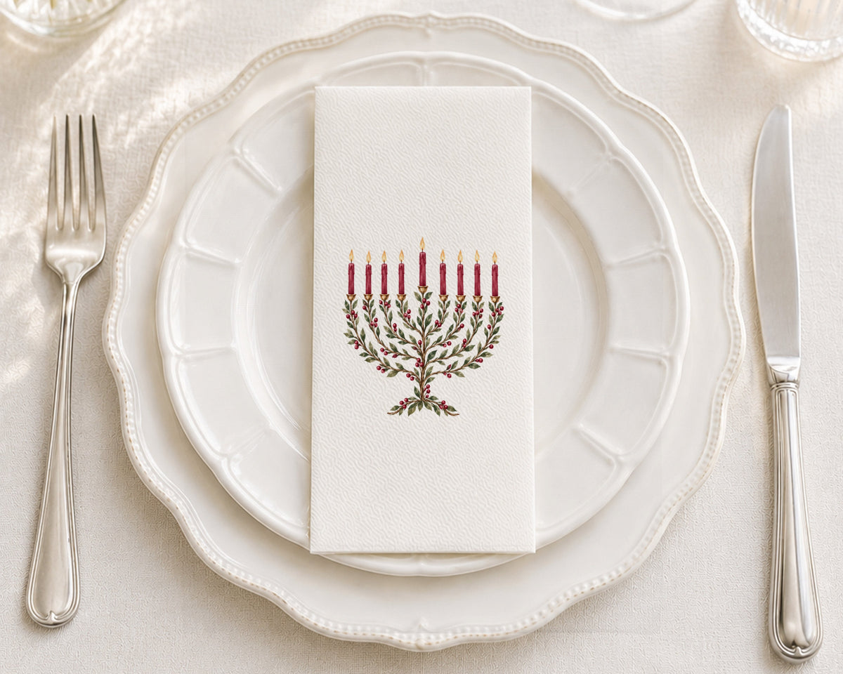 Laurel Menorah Burgundy - Printed Guest Towel