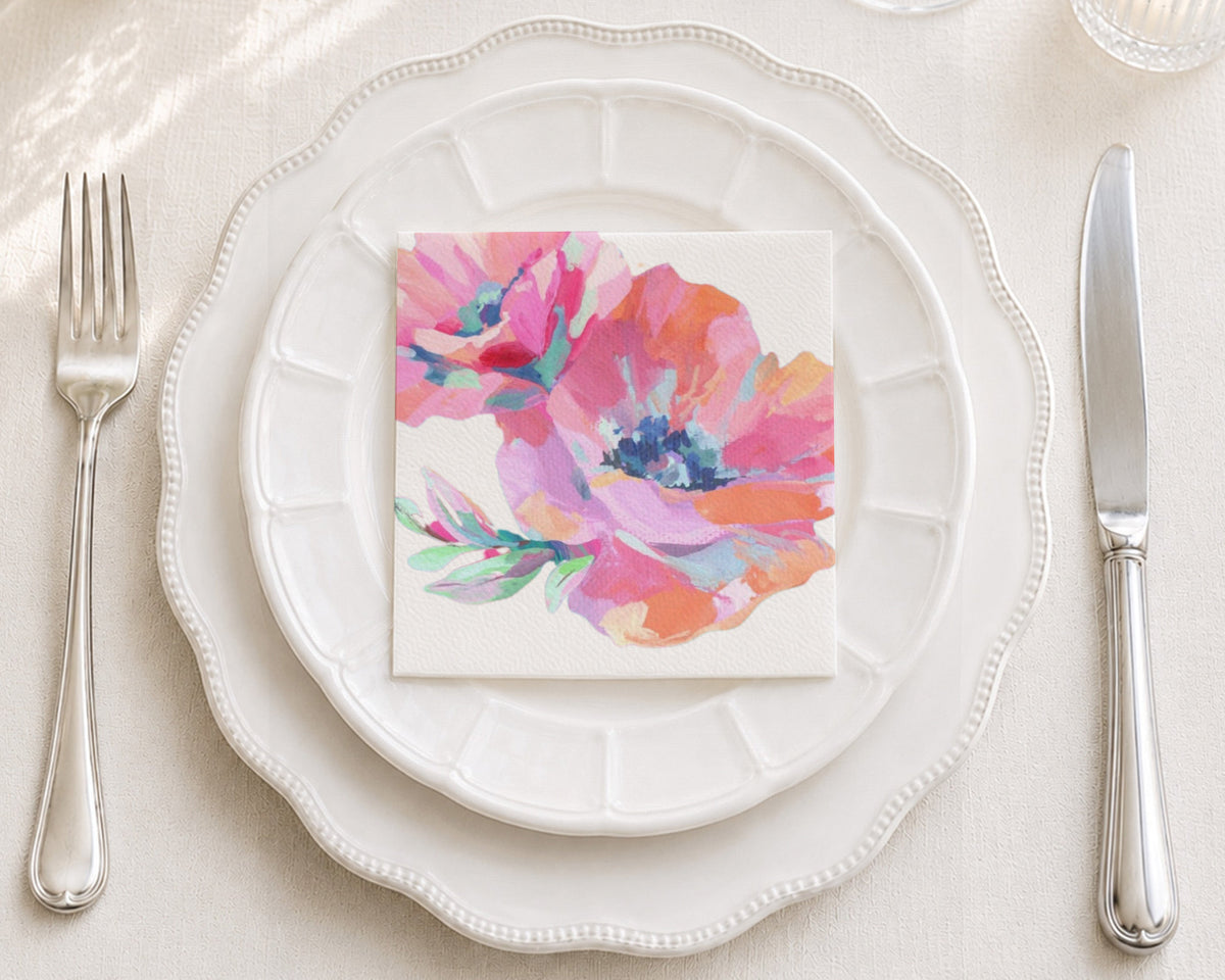 Neon Brushstroke Flowers Cocktail Napkin