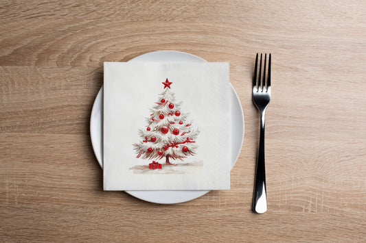 Red & White Christmas Tree Cocktail Napkin