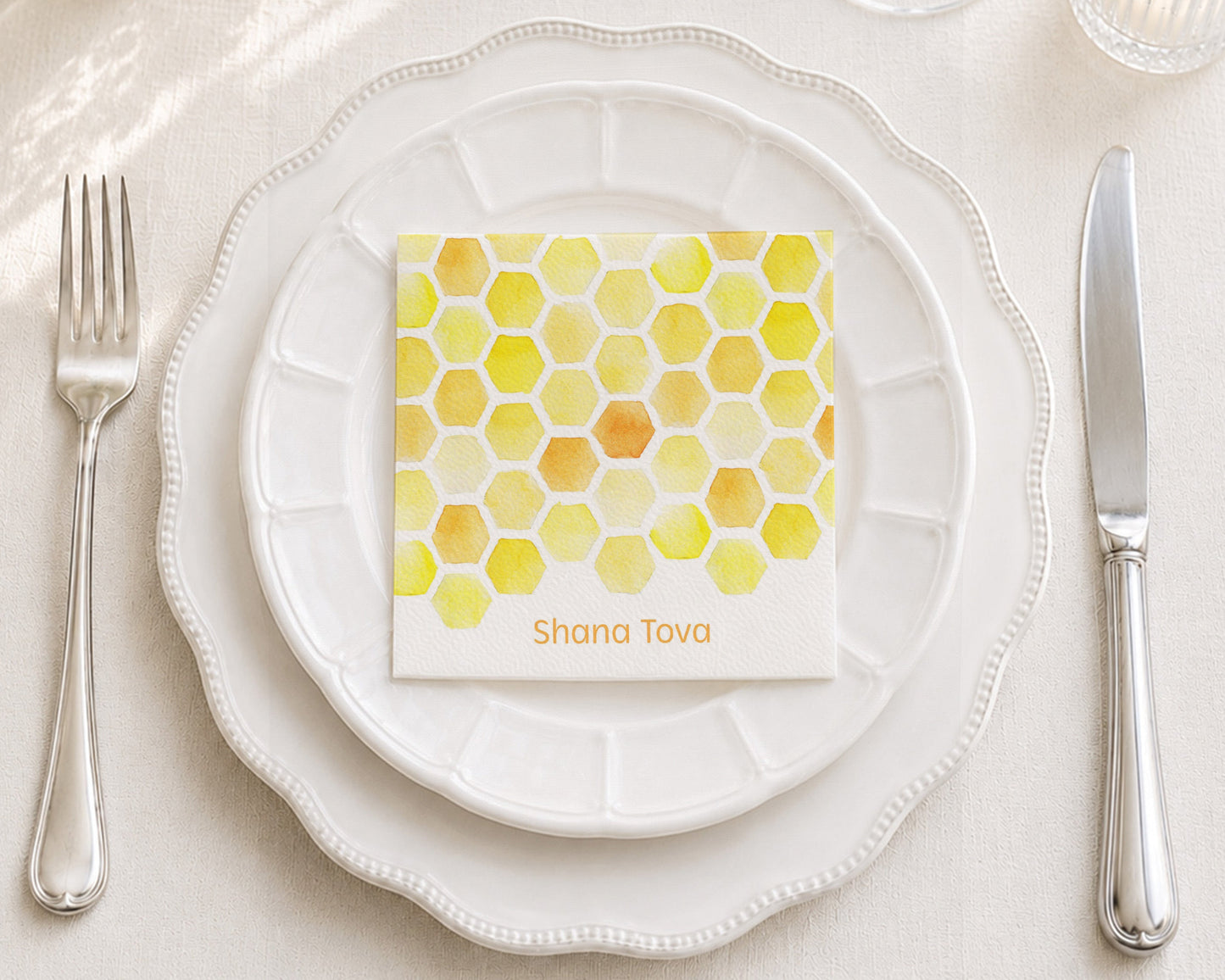 Yellow Honeycomb Shana Tova English Cocktail Napkin