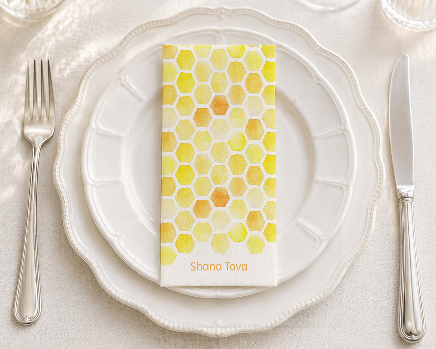 Yellow Honeycomb Shana Tova English - Printed Guest Towel