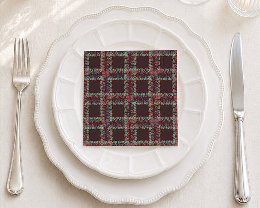Fringe Plaid Burgundy Cocktail Napkin