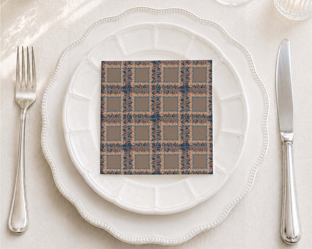 Fringe Plaid Taupe Cocktail Napkin