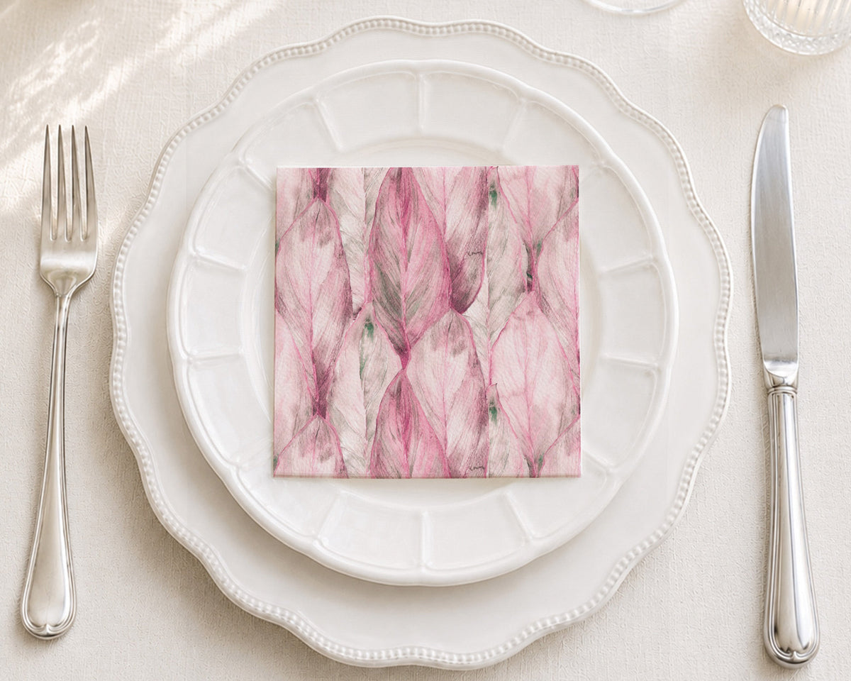 Pink Tropical Leaf Cocktail Napkin